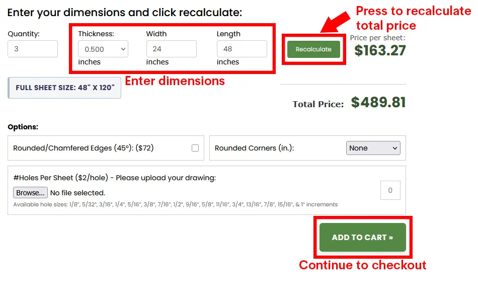 Interstate Plastics Cut-To-Size calculator interface