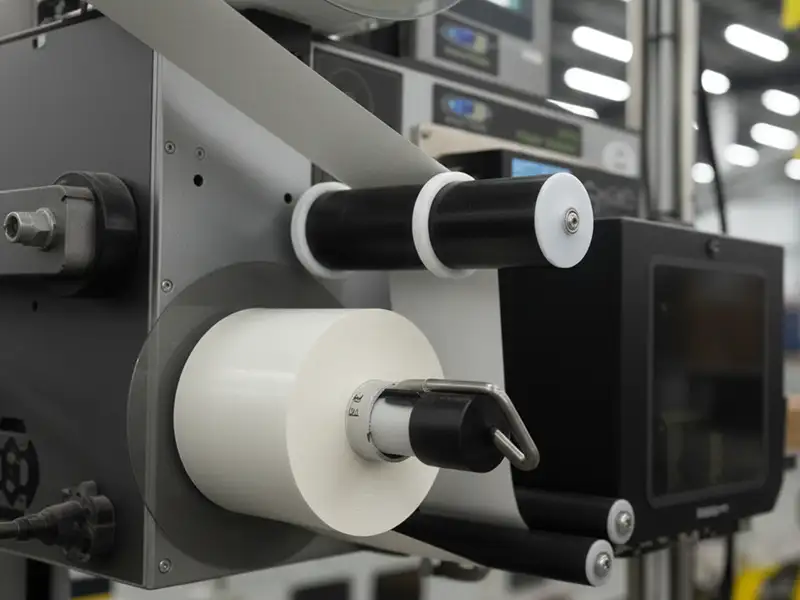 Black acetal roller parts on an Amazon package labeling system.