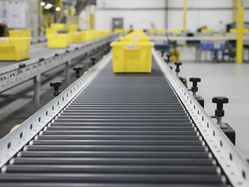 Amazon package sorting bins on a black nylon roller conveyor system.