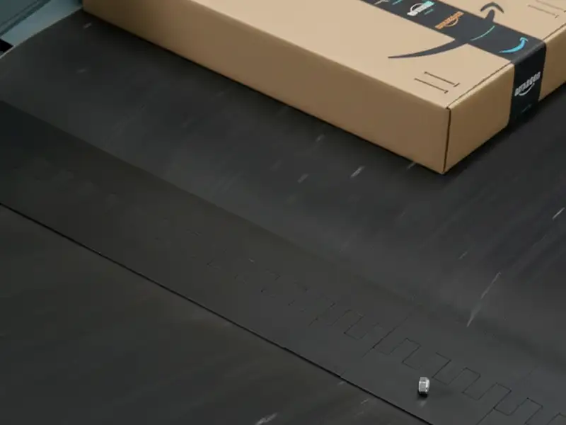 Black PET plastic transfer plate on an Amazon package conveyor line.