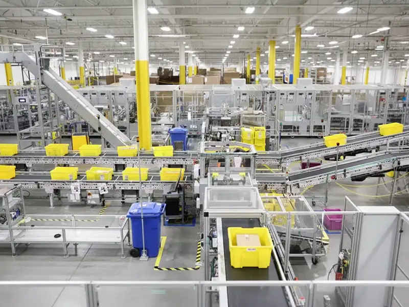 Polycarbonate machine guards in an Amazon package sorting facility.