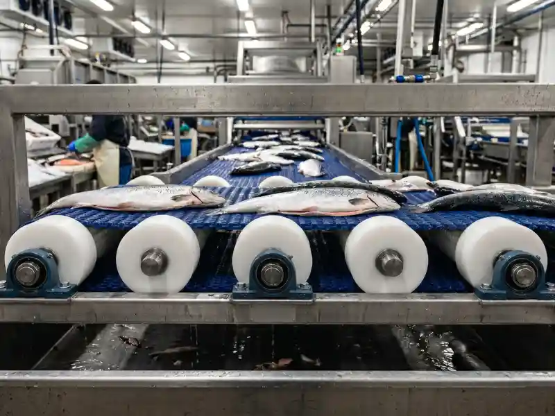 Rollers made of acetal used in seafood processing machinery.