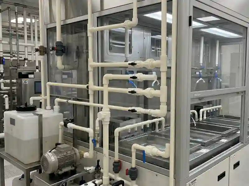 Wet processing equipment piping made of ECTFE in a semiconductor processing facility.