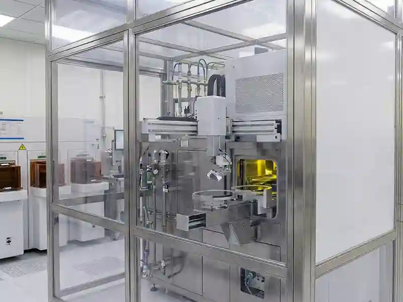 A viewing window made of polycarbonate in a semiconductor manufacturing facility.