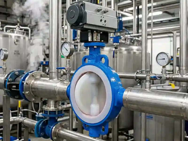 A butterfly valve made of PFA used in chemical processing.