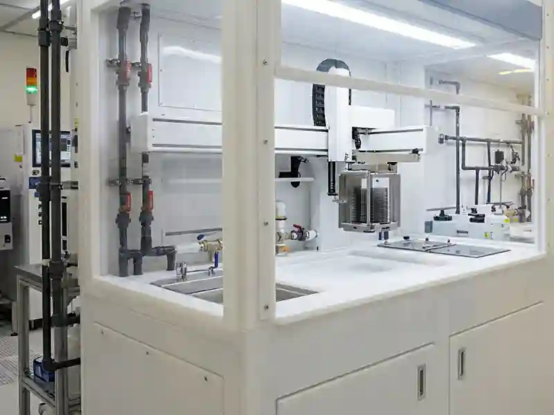 A wet bench frame made of polypropylene in a semiconductor processing facility.