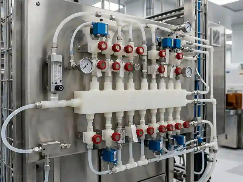 A manifold made of PVDF in a chemical processing facility.