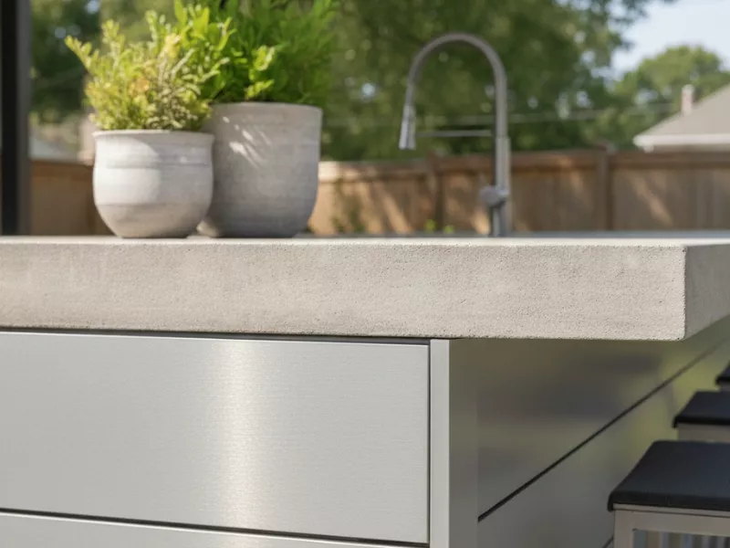 A kitchen island built with silver ACM panels.
