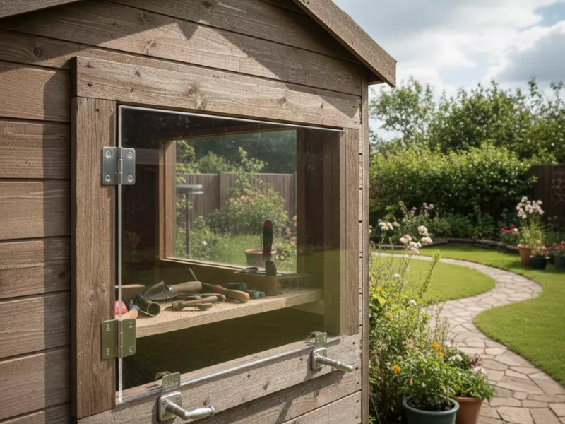 A backyard shed with acrylic viewing windows.
