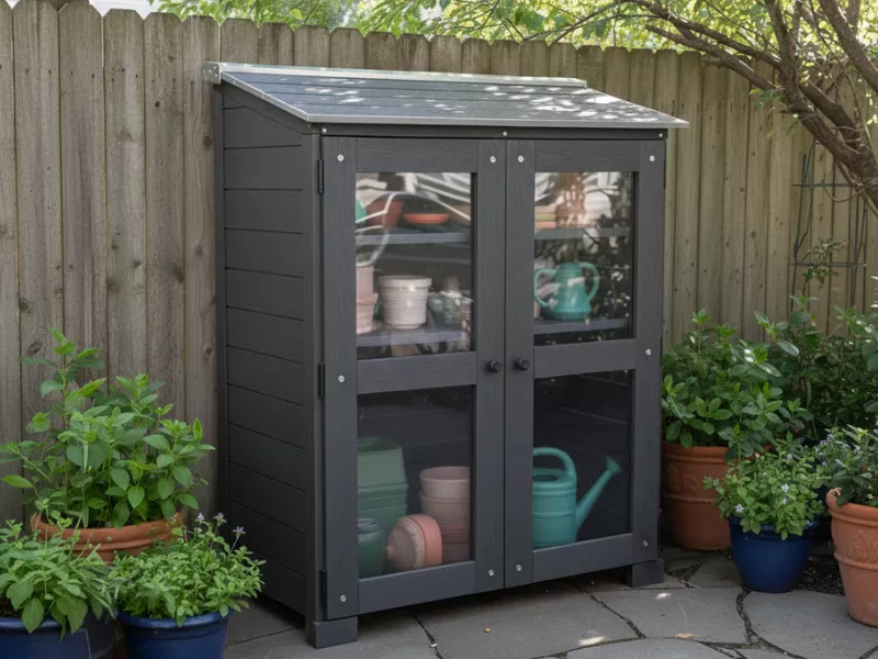 A grey outdoor cabinet made of woodgrain HDPE and polycarbonate windows.
