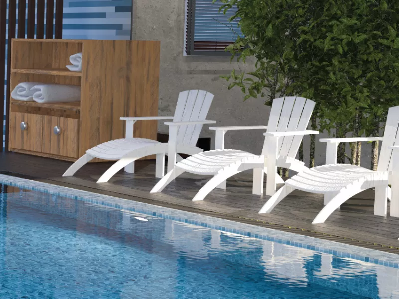 Woodgrain HDPE used for an outdoor cabinet and chairs made of white HDPE.