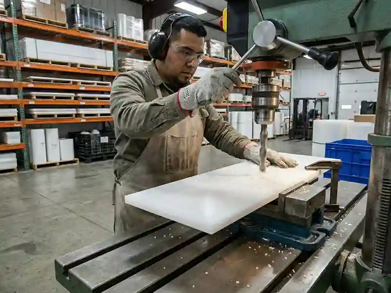 A man drilling a hole through HDPE sheet.