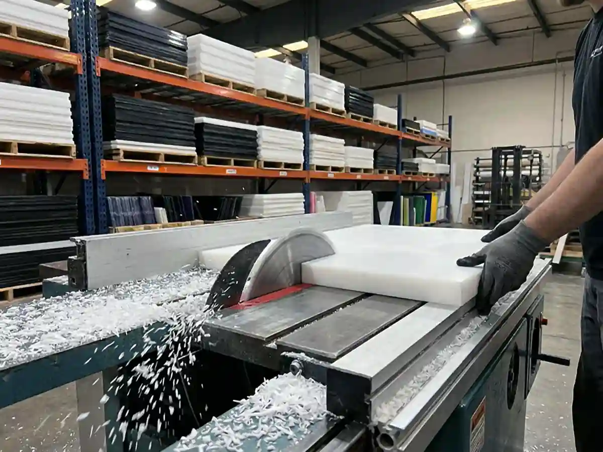 HDPE being cut by a table saw.