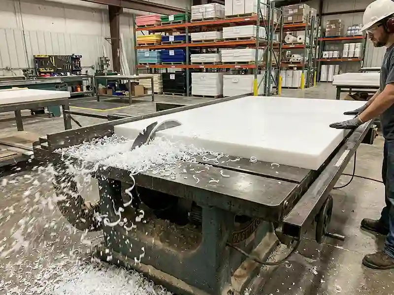HDPE sheet being cut by a table saw.