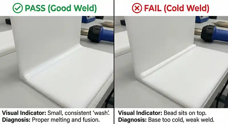 Comparison image of indicators of a successful HDPE weld and a failed HDPE weld.