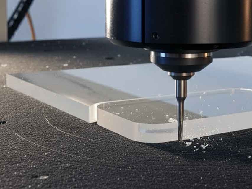 Acrylic sheet undergoing machining.