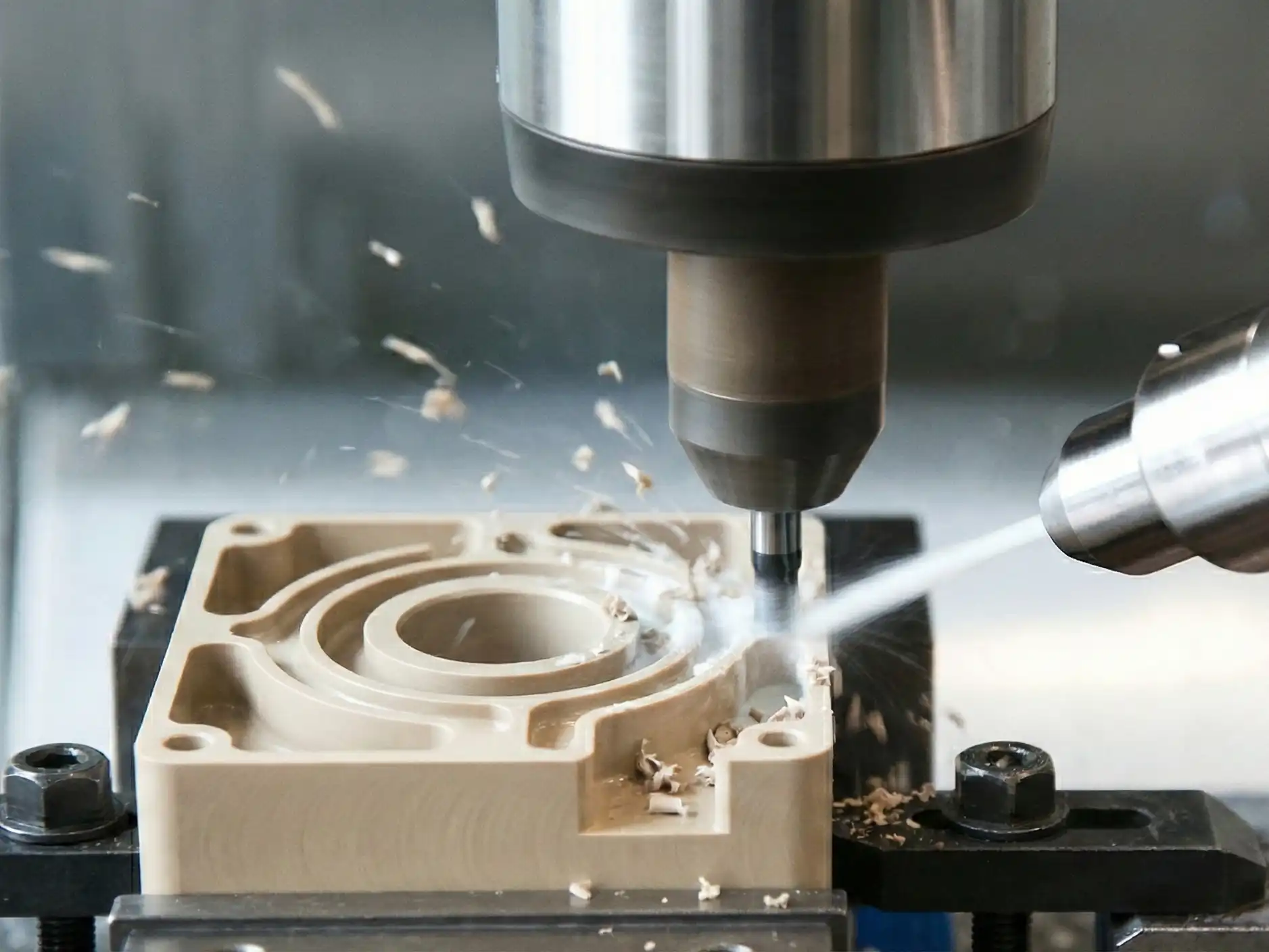 Computer controlled machining of a PEEK part.