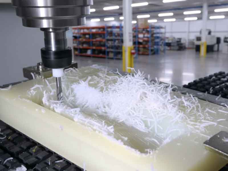 Polypropylene sheet being machined, burrs visible.