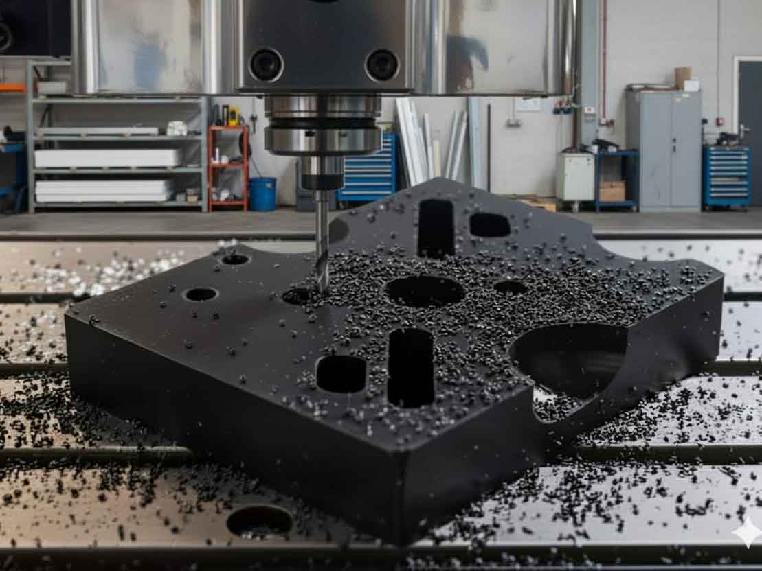 Machining black UHMW into a custom part.