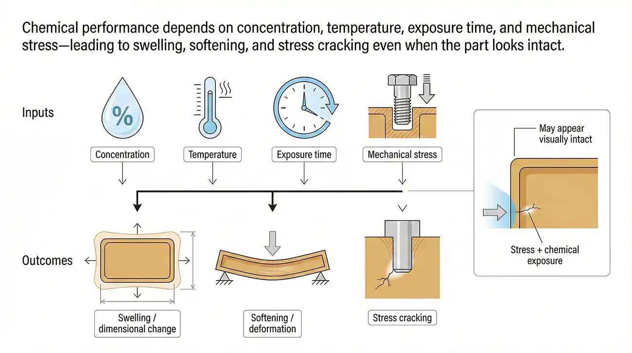 Image showing the factors affecting PEEK chemical resistance: concentration temperature, time, and stress.