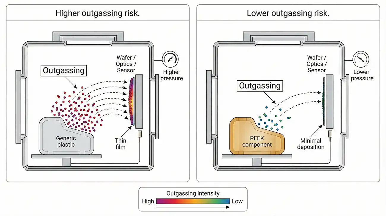 Illustration of volatile release/outgassing difference between PEEK vs metal in vacuum environments.