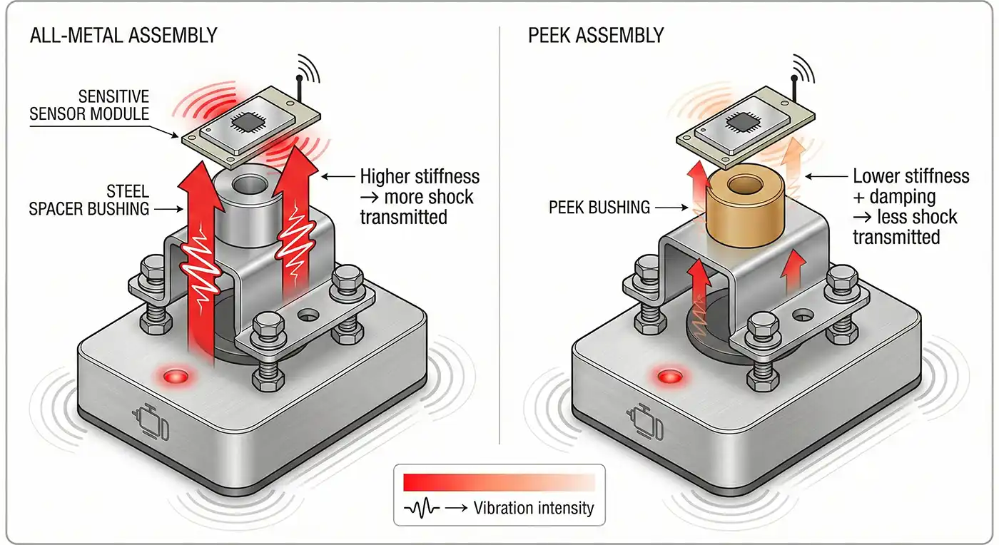 Comparison of metal vs PEEK assemblies - PEEK damping reduces vibration and shock transmission vs metal assembly.