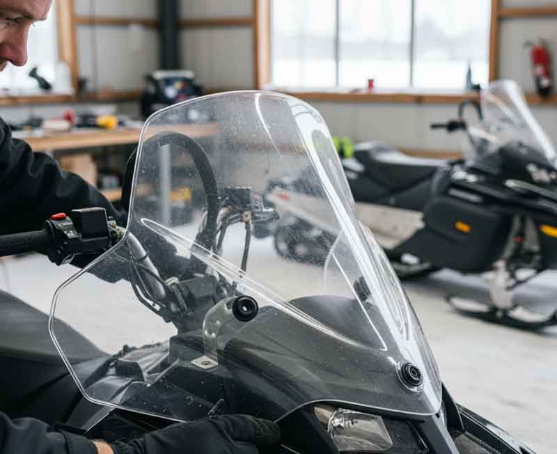 A bent and thermoformed polycarbonate windshield for a snowmobile.
