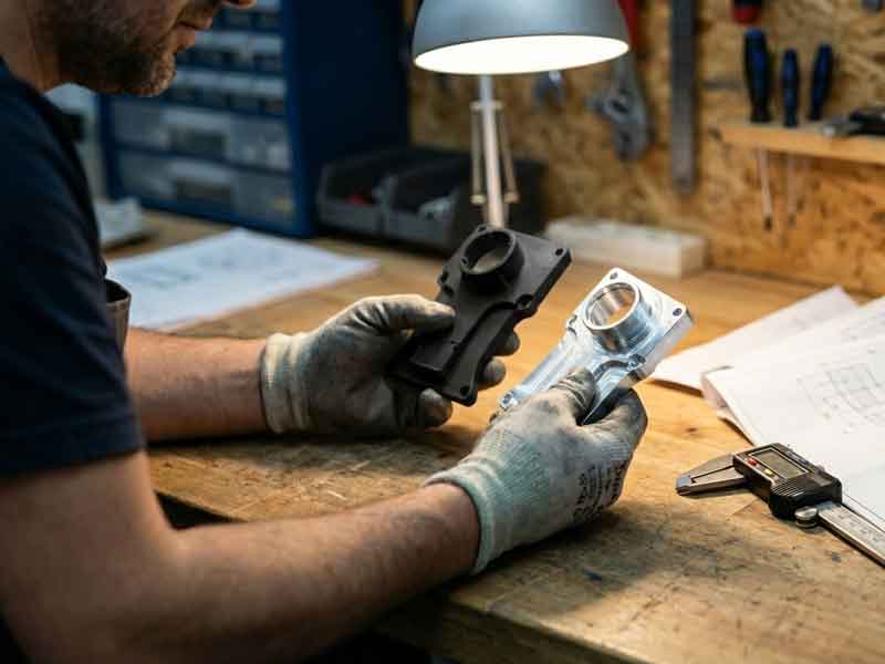 Man holding identical plastic and metal parts side-by-side.