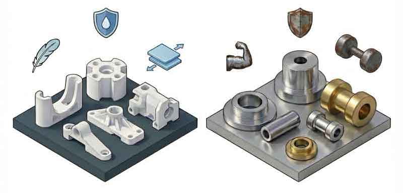 Comparison image of machining plastic vs. machining metal.