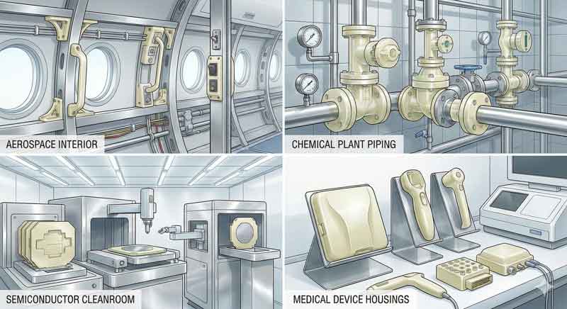 Illustration of applications where high performance plastics are used, such as cleanrooms, aircraft interiors, medical devices, and piping.