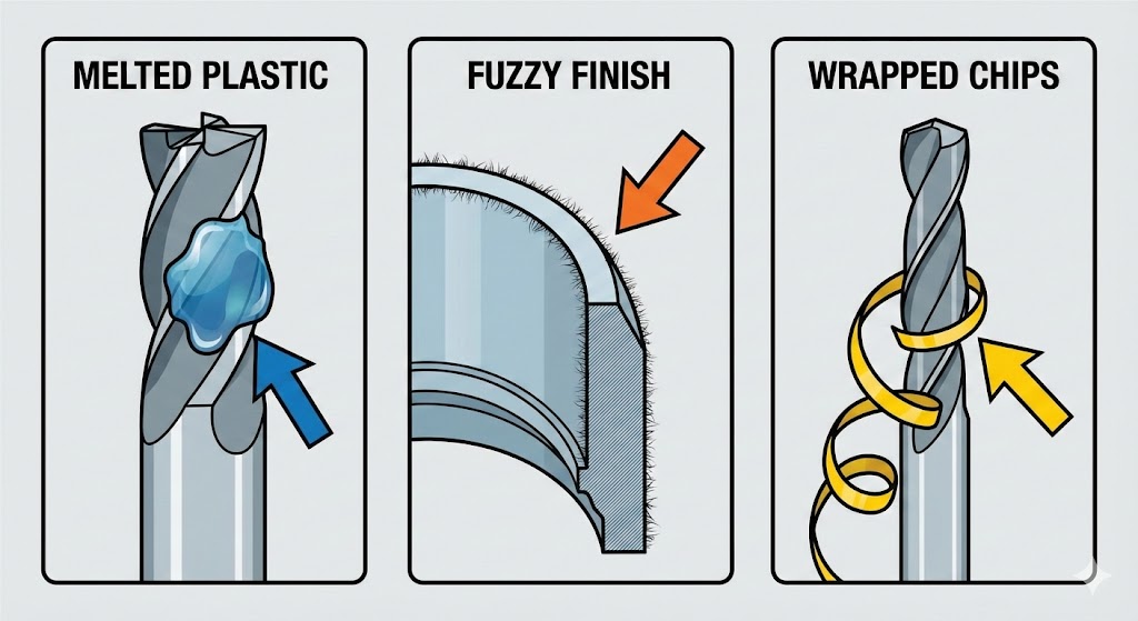 Illustration of plastic melting, 'fuzz', and continuous coils as a result of machining.