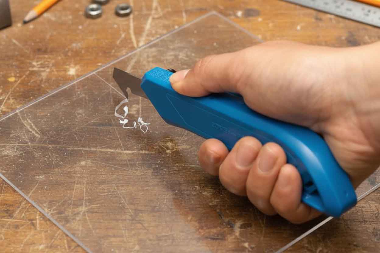 Acrylic can be scored and scribed using a sharp plastic scoring tool or utility knife.