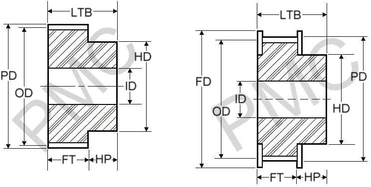 H-TIMING BELT PULLEYS - 1/2" PITCH - H75 BELTS 3/4" WIDTH & H100 BELTS 1" WIDTH | DOUBLE FLANGE